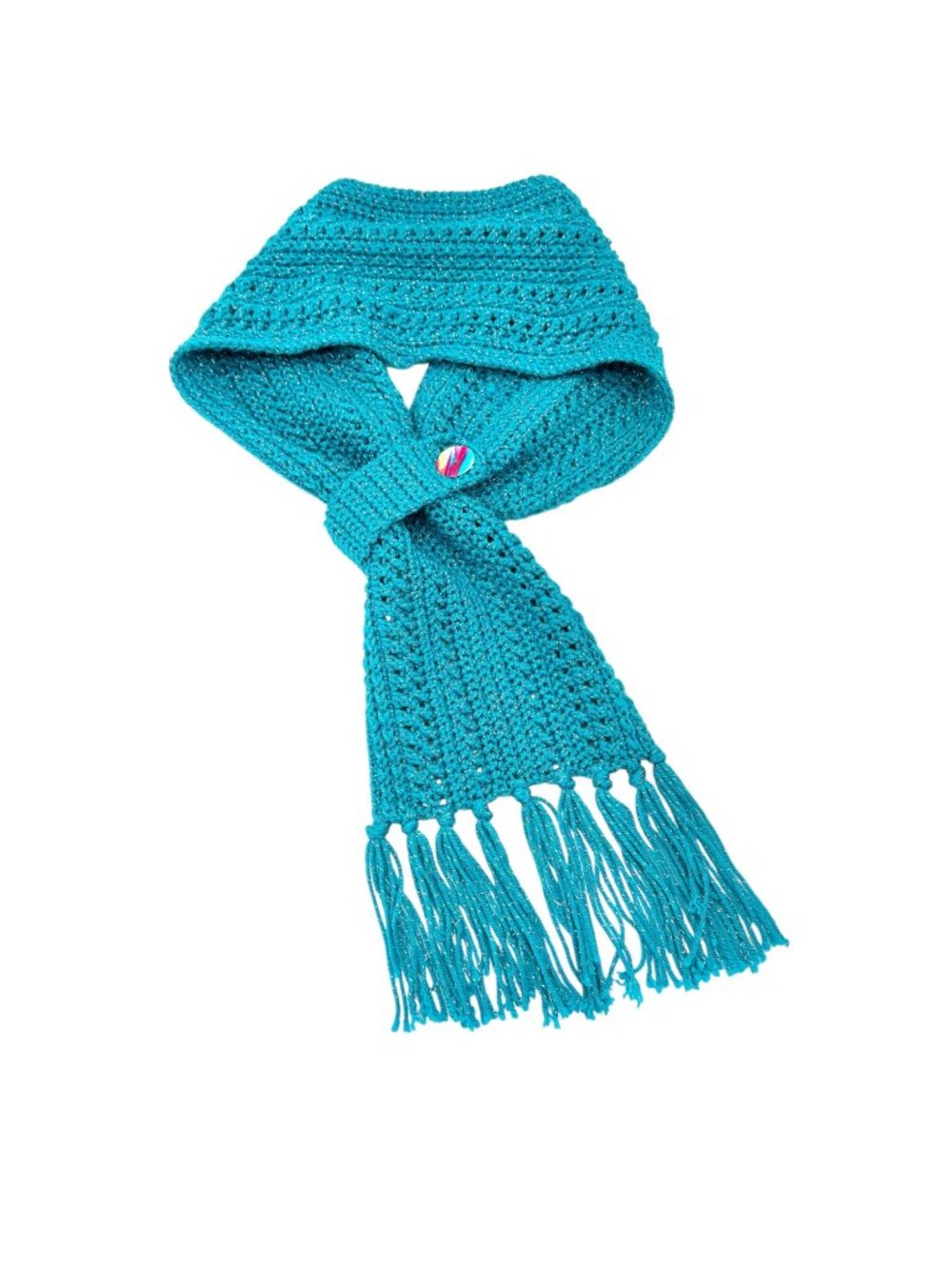 Handmade Crochet Scarf With Button Detail Fringed Ends Aquamarine Silver 54 x 8
